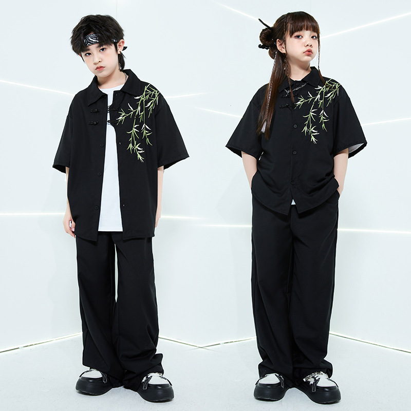 儿童街舞套装hiphop潮服中国风衬衫演出服男童嘻哈女走秀爵士春夏
